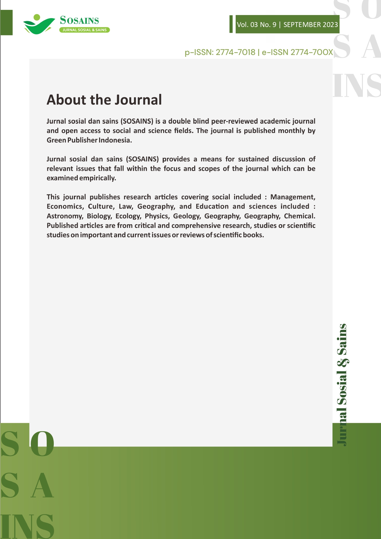 					View Vol. 3 No. 9 (2023): Jurnal Sosial dan Sains
				