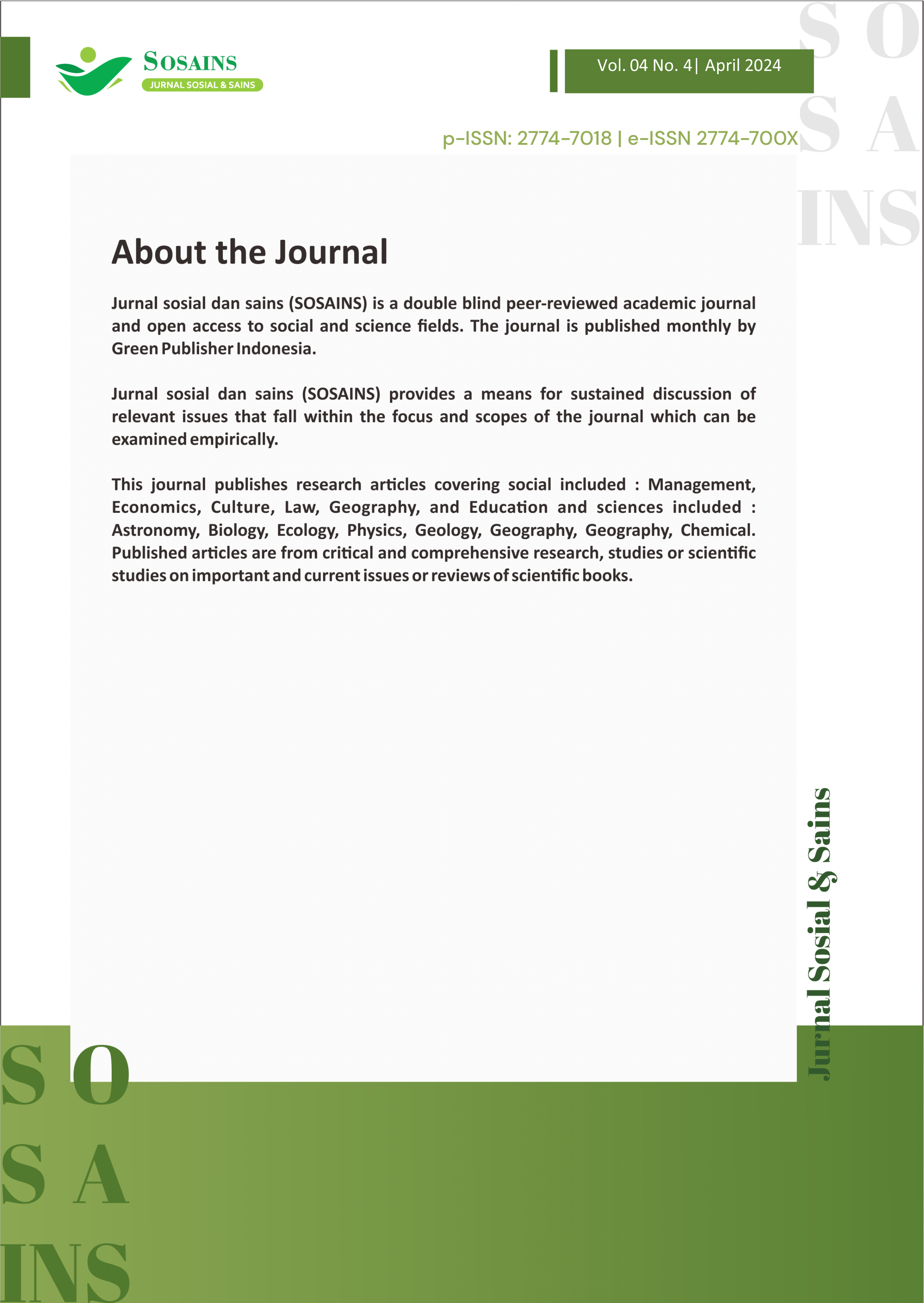 					View Vol. 4 No. 4 (2024): Jurnal Sosial dan Sains
				