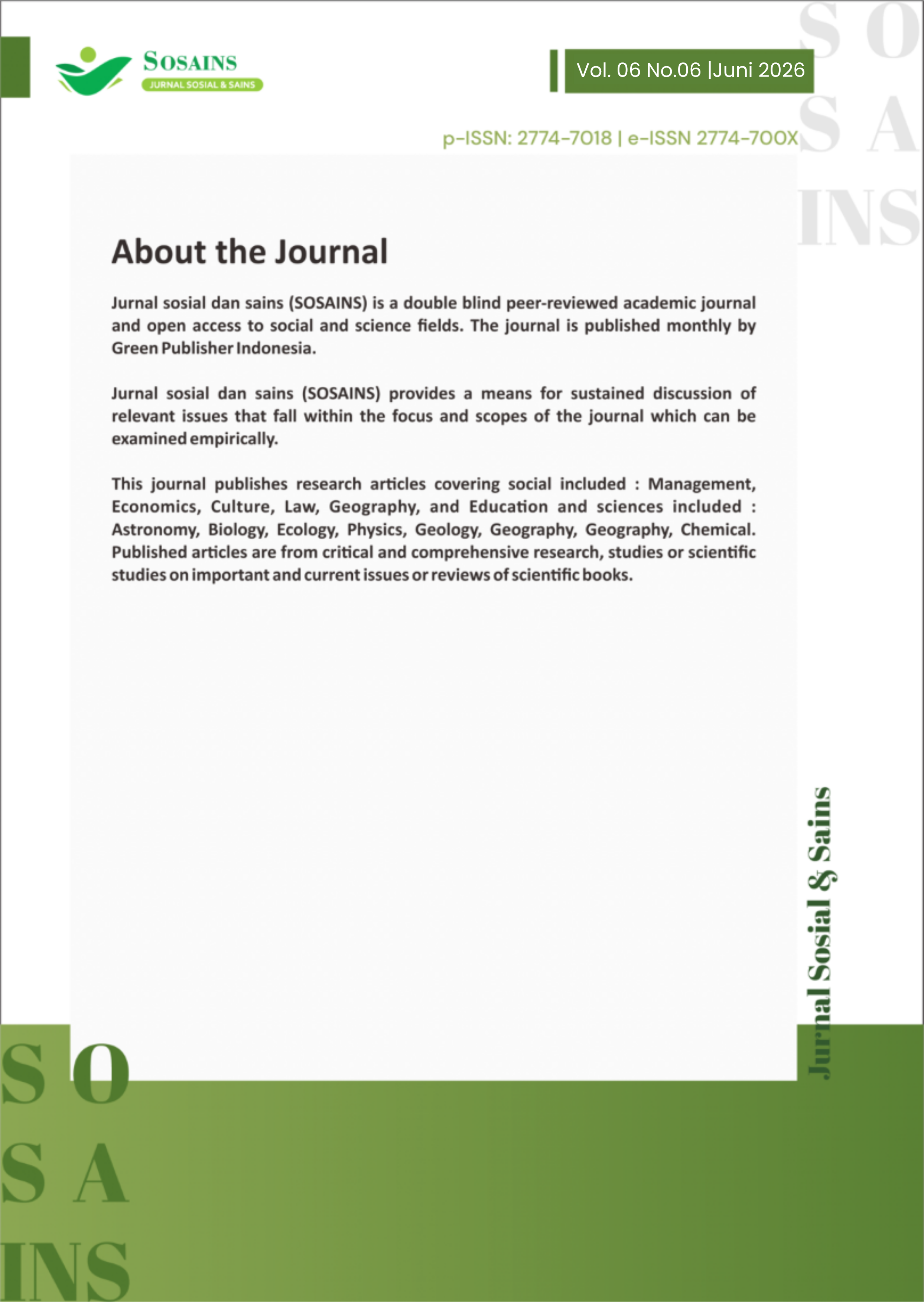 					View Vol. 6 No. 6 (2026): Jurnal Sosial dan Sains
				